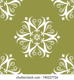 White floral design on olive green background. Seamless pattern for textile and wallpapers