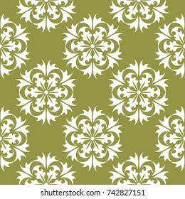 White floral design on olive green background. Seamless pattern for textile and wallpapers