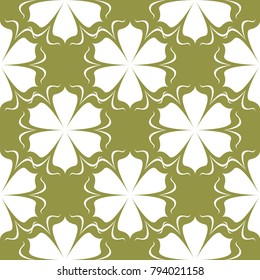 White floral design on olive green background. Seamless pattern for textile and wallpapers