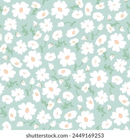 White Floral Ditsy Seamless Pattern on Sage Green