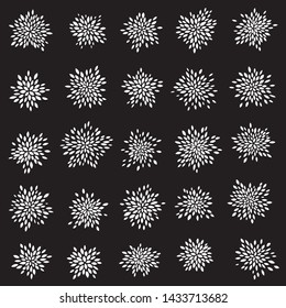 white floral elements on black. chaotic groups of petals. abstract astra plants. seamless vector pattern