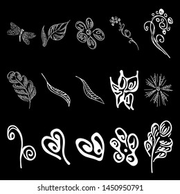 White floral elements outline set. Nature elements. Line art illustration. Element decorative floral. Vintage set. Leaf spring icon vector. Vector isolated outline drawing. Vintage design collection.
