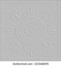 White floral embossed 3d greek seamless pattern. Vector textured greek background. Ancient emboss square frame, border, round mandala, love hearts, flowers. Relief surface 3d white ornaments.