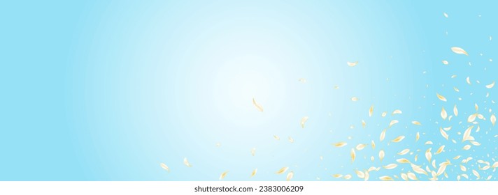 White Floral Fly Vector Panoramic Blue Background. Yellow Beauty Petal Poster. Delicate Cherry Spring Pattern. Light Lotus Japanese Wallpaper. Falling Peach Illustration.