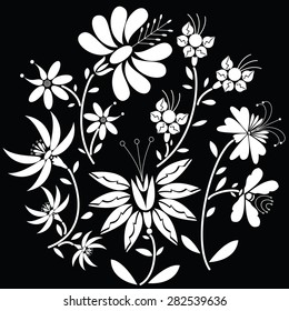 White  Floral folk pattern in circle shape on black  background
