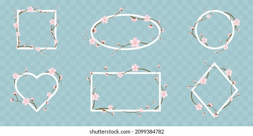 White floral frame set with sakura cherry blossom. Square, circle, rectangle and heart vector spring element