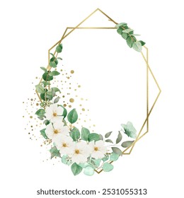 white floral with gold frame watercolor for wedding, birthday, card, background, invitation, wallpaper, sticker, decoration etc.