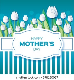 White Floral Greeting card - International Happy Mothers Day - 8 May- with Bunch of Spring Tulips. Flower blue stripes holiday background.Beautiful bouquet.Trendy Design Template. Vector illustration.