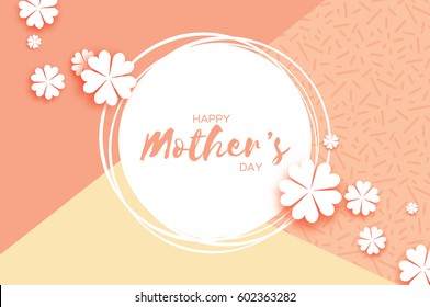 White Floral Greeting card. International Happy Mothers Day. Women's Day with Paper cut flower. Floral holiday. Beautiful bouquet. Circle frame. Vector illustration.