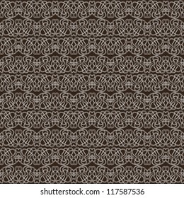 white floral lace pattern on dark brown background, seamless vector illustration, ideal for elegant package wrappings, or website backdrop