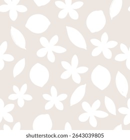 White floral lemon and leaves pattern,  seamless pattern for fabric, textiles, clothing, wallpaper, cover, banner, home decor, florals backgrounds