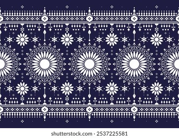 white floral and mandalas ethnic fabric seamless pattern on dark blue background, design for cloth, carpet, batik, wallpaper, wrapping etc.