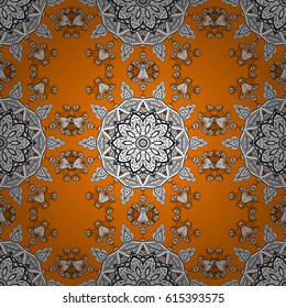 White floral ornament in baroque style. Damask seamless repeating background. White element on orange background. White Wallpaper on texture background.