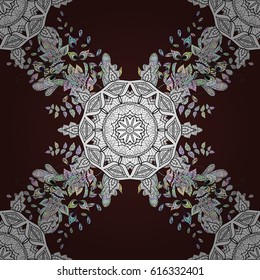 White floral ornament in baroque style. Damask seamless repeating background. White element on brown background. White Wallpaper on texture background.