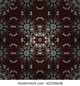 White floral ornament in baroque style. Antique white repeatable wallpaper. Damask seamless pattern repeating background. White element on brown background.