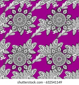 White floral ornament in baroque style. Damask seamless pattern repeating background. White element on magenta background. Antique white repeatable wallpaper.