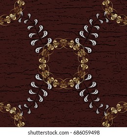 White floral ornament in baroque style. Elements on dark brown background. Damask pattern repeating background.