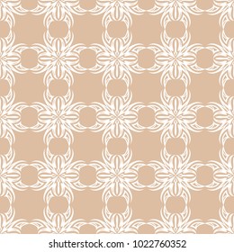 White floral ornament on beige background. Seamless pattern for textile and wallpapers