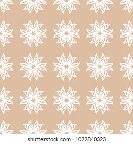 White floral ornament on beige background. Seamless pattern for textile and wallpapers