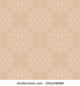 White floral ornament on beige seamless background. Seamless pattern for textile and wallpapers