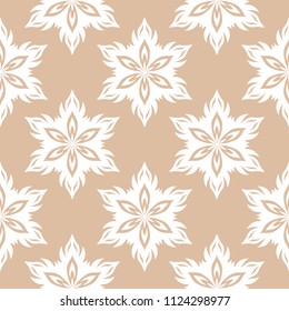 White floral ornament on beige background. Seamless pattern for textile and wallpapers
