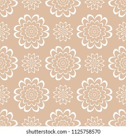 White floral ornament on beige background. Seamless pattern for textile and wallpapers