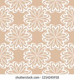 White floral ornament on beige background. Seamless pattern for textile and wallpapers