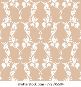 White floral ornament on beige seamless background. Seamless pattern for textile and wallpapers
