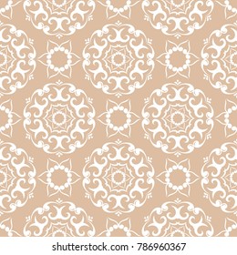 White floral ornament on beige background. Seamless pattern