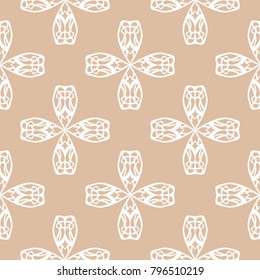 White floral ornament on beige background. Seamless pattern for textile and wallpapers