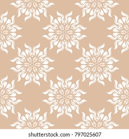 White floral ornament on beige seamless background. Seamless pattern for textile and wallpapers