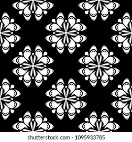 White floral ornament on black background. Seamless pattern for textile and wallpapers