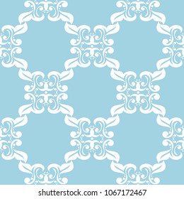 White floral ornament on blue background. Seamless pattern for textile and wallpapers