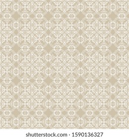 White floral ornament on light brown background. Seamless wallpaper pattern. Floral ornament on background. Vector design for your project