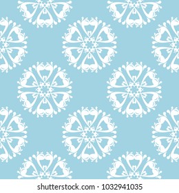 White floral ornament on navy blue background. Seamless pattern for textile and wallpapers