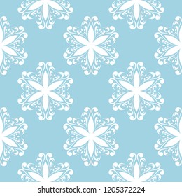 White floral ornament on navy blue background. Seamless pattern for textile and wallpapers