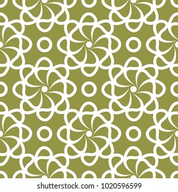 White floral ornament on olive green background. Seamless pattern for textile and wallpapers