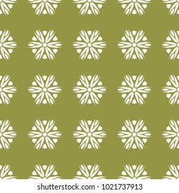 White floral ornament on olive green background. Seamless pattern for textile and wallpapers