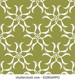 White floral ornament on olive green background. Seamless pattern for textile and wallpapers