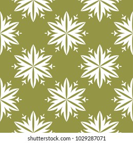 White floral ornament on olive green background. Seamless pattern for textile and wallpapers