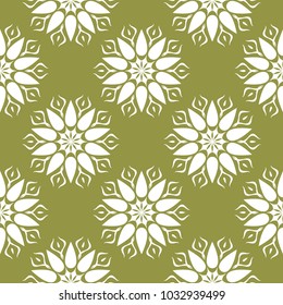 White floral ornament on olive green background. Seamless pattern for textile and wallpapers