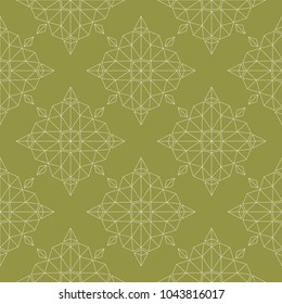 White floral ornament on olive green background. Seamless pattern for textile and wallpapers