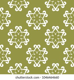 White floral ornament on olive green background. Seamless pattern for textile and wallpapers