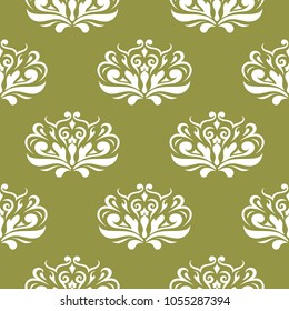 White floral ornament on olive green background. Seamless pattern for textile and wallpapers