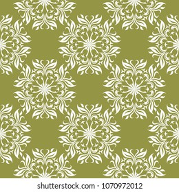 White floral ornament on olive green background. Seamless pattern for textile and wallpapers