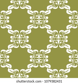 White floral ornament on olive green background. Seamless pattern for textile and wallpapers