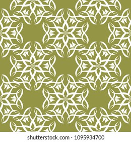 White floral ornament on olive green background. Seamless pattern for textile and wallpapers