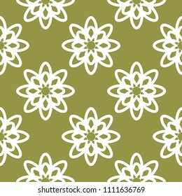 White floral ornament on olive green background. Seamless pattern for textile and wallpapers