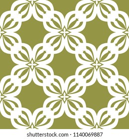 White floral ornament on olive green background. Seamless pattern for textile and wallpapers