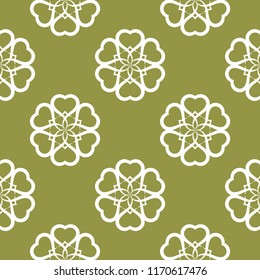 White floral ornament on olive green background. Seamless pattern for textile and wallpapers